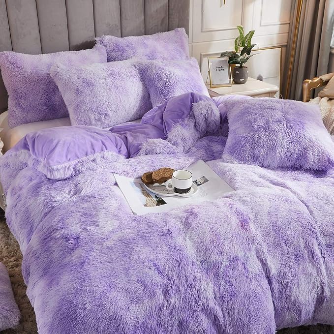 Tie Dye Printed Faux Fur Bedding Set Modern Abstract Shaggy Plush Duvet Cover with Pillow Shams, Ultra Soft Warm (King, Tie Dye Lilac)