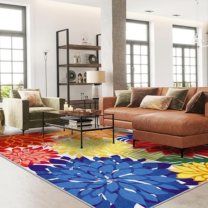 Outdoor Area Rug Washable Multicolored Patio Rug Tropical Botanical Modern Floral Outdoor Carpet Non-Slip for Patio, Deck, Backyard, Porch (8x10)