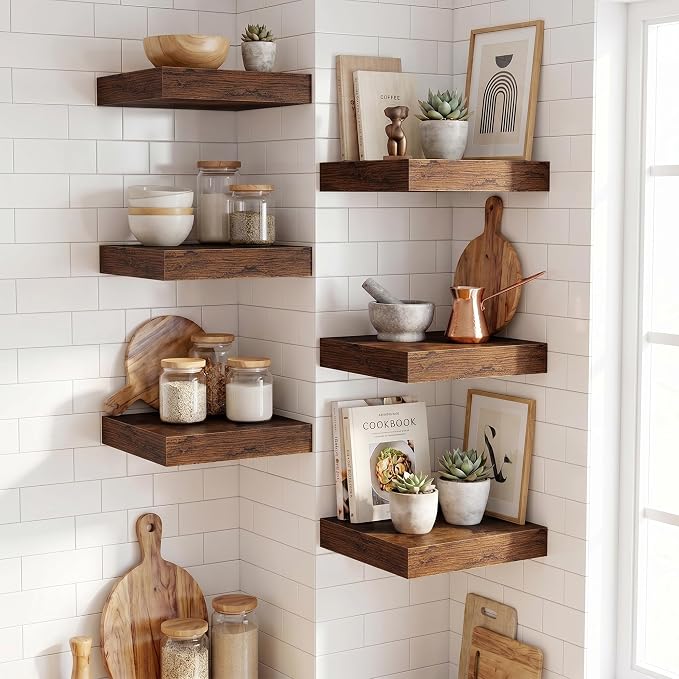 Fun Memories Floating Shelves for Wall 12 Inch, 12 Inch Deep Square Wall Shelves, Bathroom Storage Shelves Over Toilet, Wood Floating Shelves for Living Room Bedroom, Rustic Brown, Set of 2