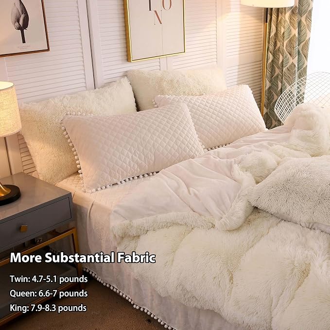 LIFEREVO Luxury Plush Shaggy Duvet Cover Set, Soft Velvet Fluffy Furry Duvet Cover Set(1 Faux Fur Fuzzy Comforter Cover + 2 Pompoms Pillow Cases) Bedding Set, Zipper Closure(Full/Queen, Light Beige)