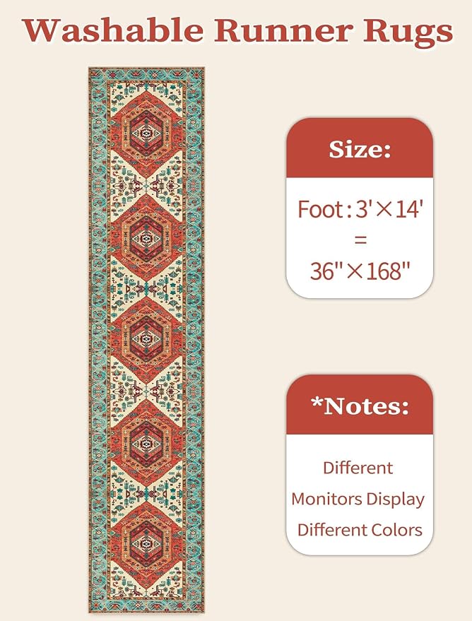 SERISSA Runner Rug for Hallways, 3x14 Washable Non Slip Kitchen Runner Rug, Extra Long Boho Rug Ultra Soft Vintage Orange Print Floor Carpet for Bedroom Hallway Entryway Bathroom Laundry Room