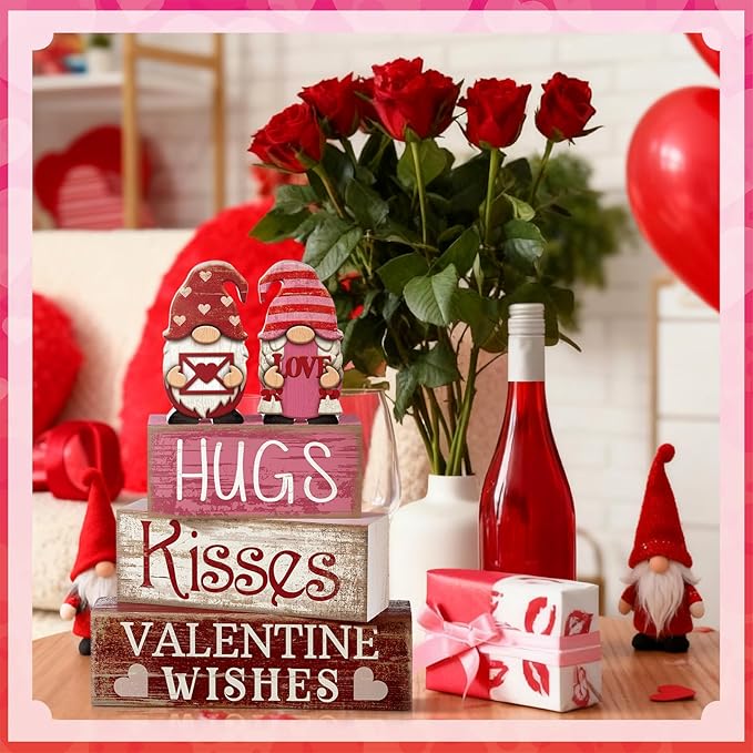 Lineshading 4 Pcs Valentine Day Table Decoration Pink Gnomes Valentine Centerpiece Valentine's Day Tiered Tray Decor Rustic Wooden Gnomes Heart Block Signs Red Pink White Valentines Decor for Home