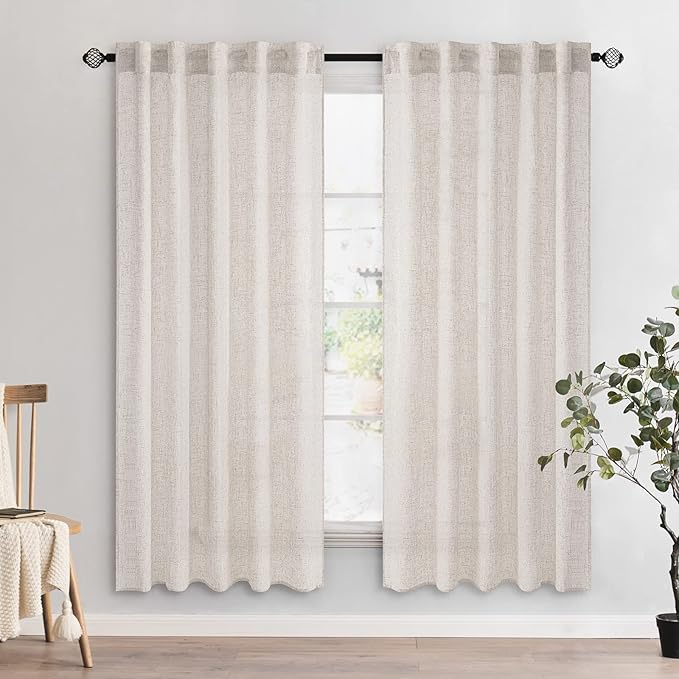 MIULEE White Linen Curtains 72 Inch Length 2 Panels for Bedroom Living Room, Soft Thick Linen Textured Natural Window Drapes Semi Sheer Light Filtering Back Tab Rod Pocket Burlap Look Decor, W37xL72