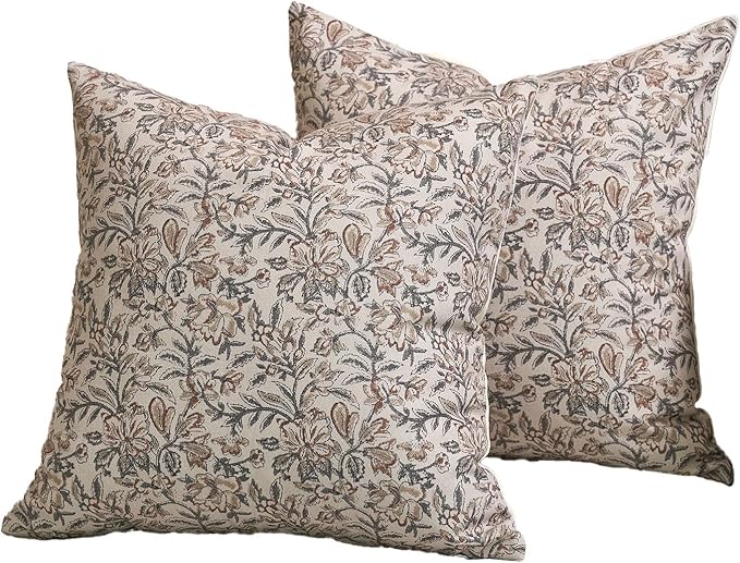 Amor Virisso Floral Throw Pillow Covers 24x24 Set of 2 Vintage Block Print Pillow Covers Decorative Pillow Covers Couch Pillows for Living Room Farmhouse Accent Sofa Pillows, Green/Sand
