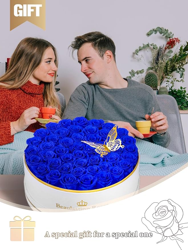 47 Preserved Roses Forever Flowers Real Roses in a Box Mother's Day Birthday Flowers for Her Mom Women Wife Valentine's Day, Royal Blue Roses