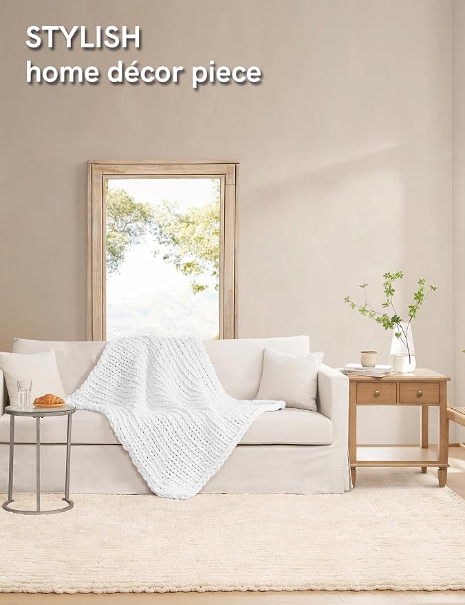YnM Chunky Throw Blanket, Medium-Weight, Hand Knitted with Chenielle Yarn, Skin Friendly, Ventilated and Breathable, Machine Washable, Home Décor Piece for Couch, Sofa and Bed (White, 80x87 Inch)