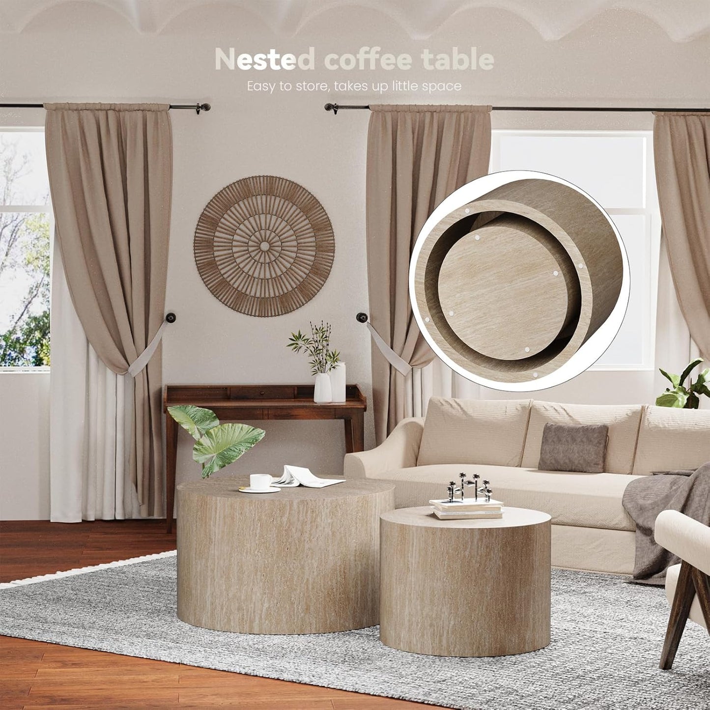 Round Nesting Coffee Table, Drum Wood Coffee Table Set of 2 Travertine-Color, Modern Nesting Tables Circle Center Table 2 Piece for Small Spaces Living Room Bedroom Balcony Office, No Assembling