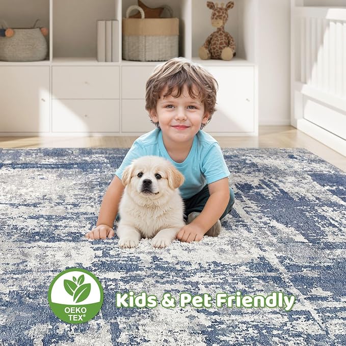 7x9 Area Rug Living Room: Washable Large Abstract Modern Soft Rug Stain Resistant Indoor Floor Non Slip Accent Carpet for Bedroom Nursery Playroom Dining Room Office Dorm Home House- Navy Grey