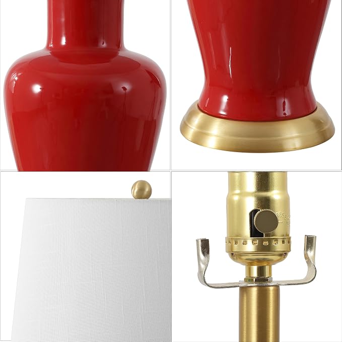 JONATHAN Y 29" Red Traditional Ceramic Urn LED Table Lamp for Bedroom Decor, White Linen Drum Shade, Classic Nightstand Lamp for Living Room, LED Bulb Included (JYL4026G)