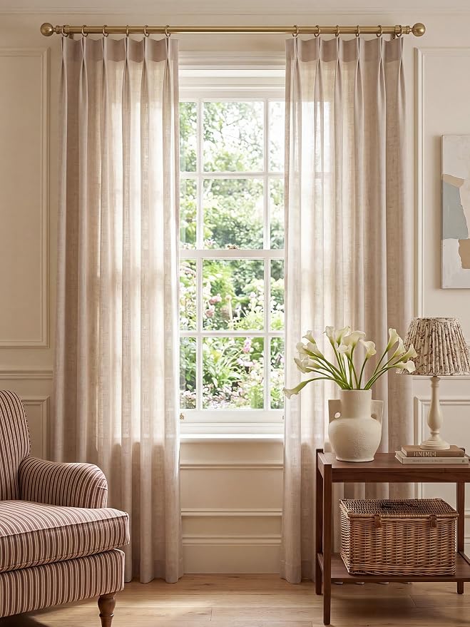THREE GIRLS Liz Pinch Pleated Linen Curtains Light Filtering Curtains for Living Room, Farmhouse Window Curtains for Bedroom, Modern Drapes with Hooks and Rings, 90 Inches Long, Tapioca, 2 Panels Set