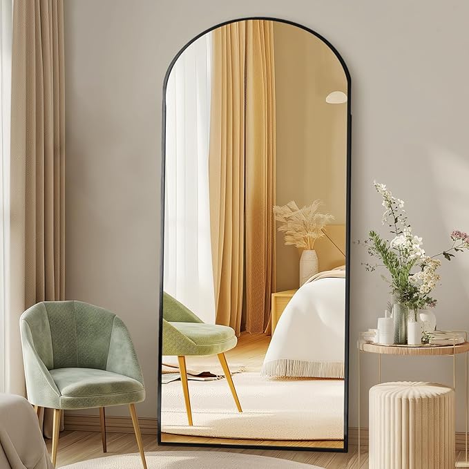 DUMOS 63"x20" Arched Full Length Mirror with Stand Floor Free Standing Aluminum Frame for Bedroom Body Hanging Leaning Modern Simple Home Decor Shatter-proorf Nano Glass Wall, Black-Rounded