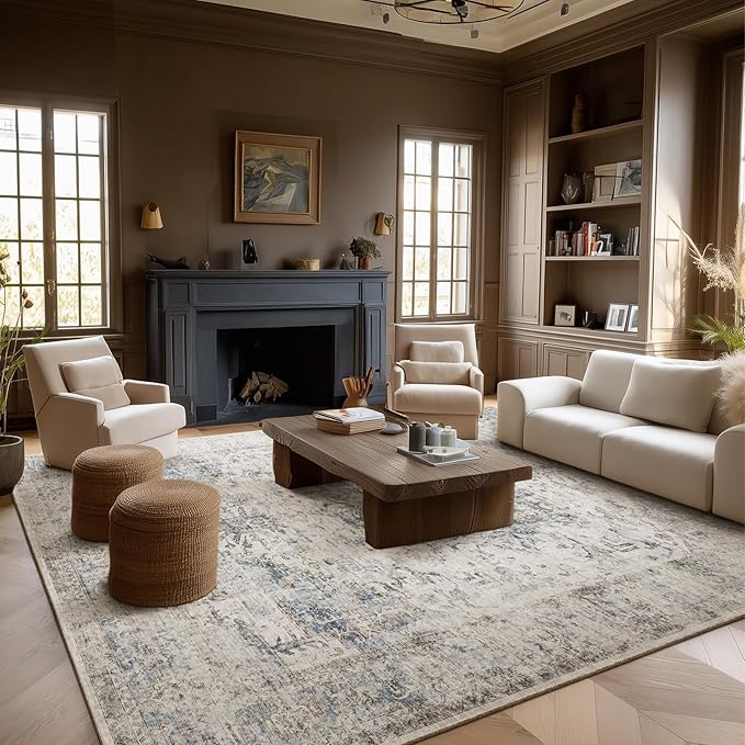Machine Washable Rugs for Living Room: 8x10 Area Rugs for Bedroom Ultra Soft Non-Slip Low Pile Vintage Distress Boho Large Carpet for High-Traffic Dining Room - Farmhouse Decor