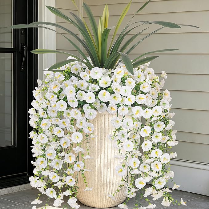 8 Bundles Fake Artificial Morning Glory Flowers for Outdoors+Ochid Faux Greenery Plants UV Resistant Weatherproof for Indoor Outdoor Garden Patio Window Box Home Decor
