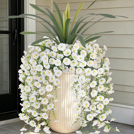 8 Bundles Fake Artificial Morning Glory Flowers for Outdoors+Ochid Faux Greenery Plants UV Resistant Weatherproof for Indoor Outdoor Garden Patio Window Box Home Decor