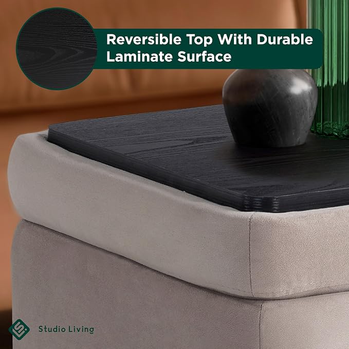 Studio Living® Connor 24" Small Storage Ottoman, Modern Boho, Matte Black Metal Legs, Velvet Fabric, Taupe