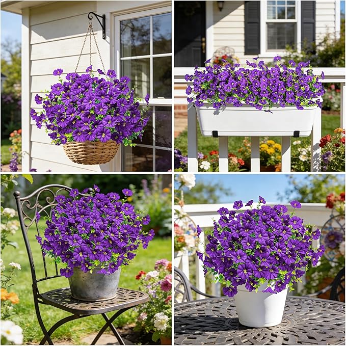 Ouddy Decor 24 Bundles Artificial Flowers for Outdoors, Fake Petunias Flowers Silk Morning Glory with Eucalyptus Faux Plants for Indoor Outside Spring Summer Yard Garden Porch Home Decor, Purple