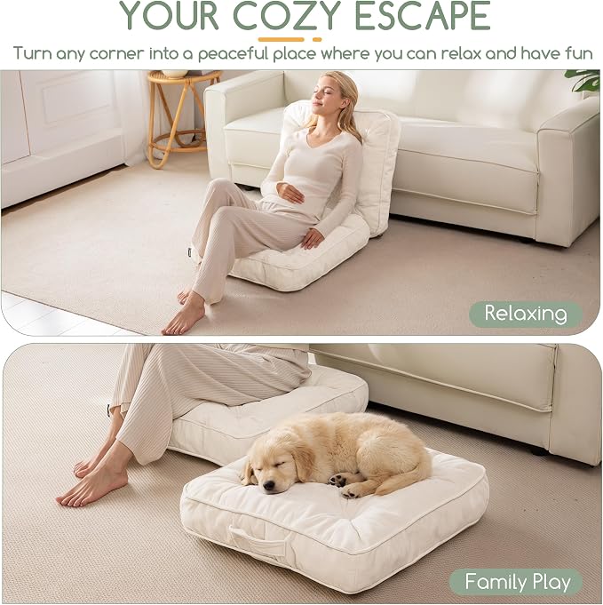 HIGOGOGO Large Floor Pillow Cushion for Adults, Meditation Cushion Pillow with Handle, Lustrous Chenille Tufted, Square Floor Sitting for Tatami Living Room or Yoga, 22x22 Inch, Beige