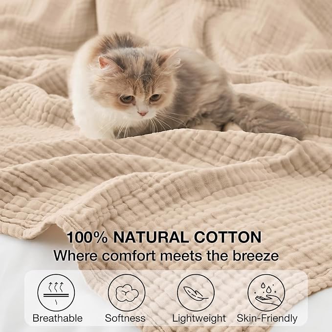 Cooling Throw Blanket Twin XL 66" x 90", 6 Layers Muslin Blankets 100% Cotton, Breathable and Lightweight Twin Blanket for Bed, Soft Bedspread, Gauze Bedding for All Season, Beige Linen