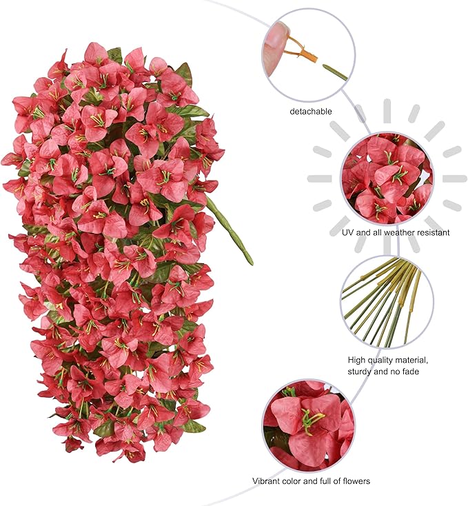 HyeFlora Bougainvillea Artificial Hanging Flowers Plants for Outdoors Decoration, 2pcs Faux Bougainvillea Vines Red Fake Flowers Realistic UV Resistant Silk Flowers for Outside Planter Yard Urn Patio