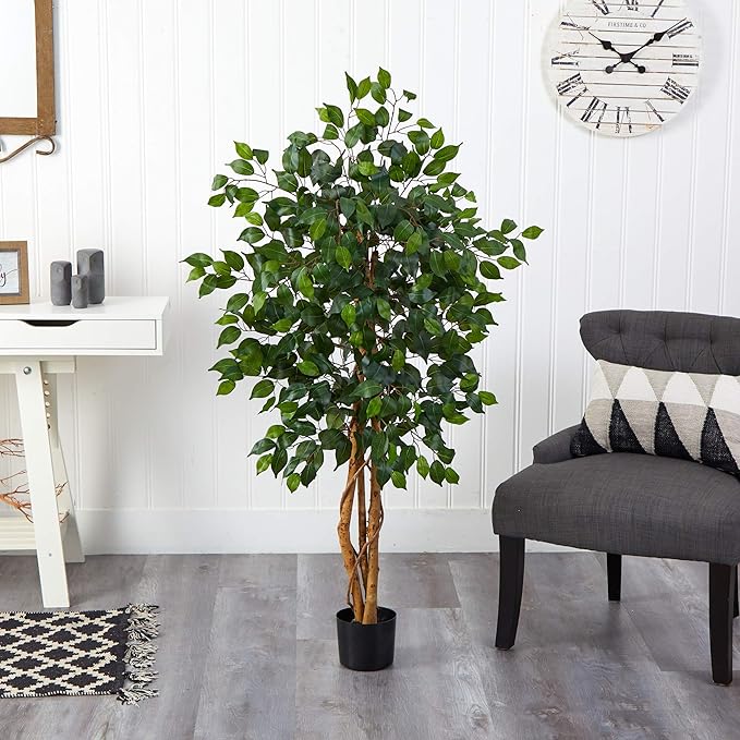 Nearly Natural 4ft Triple Trunk Artificial Ficus Tree With Natural Wood Trunks, Indoor Faux Ficus, Black Nursery Pot, Living Room Home Decor