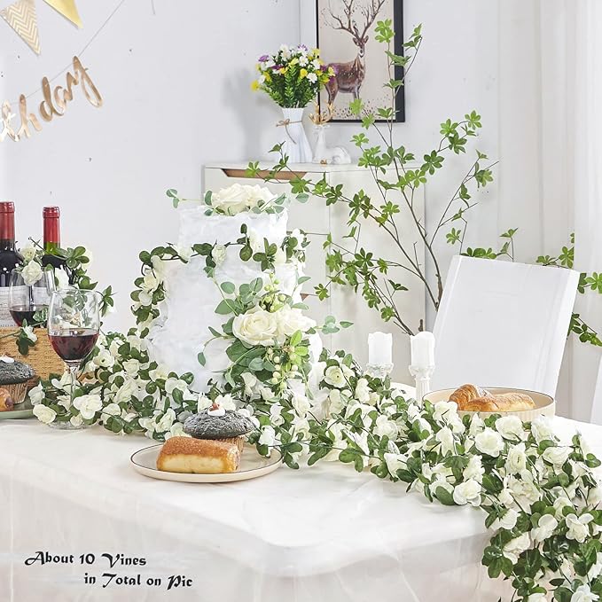 PONKING 6 Pcs x 8.2 ft Flower Garland Artificial Rose Vine Flowers with Green Leaves Hanging Fake Roses Vine for Room Party Home Wedding Birthday Christmas Wall Arch Decor, Spring White Flower