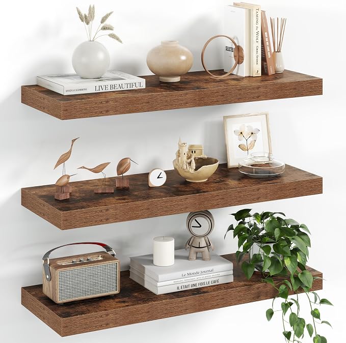 Fun Memories 24 Inch Floating Shelves - 8 Inch Deep Rustic Brown Wooden Wall Shelves - Extra Deeper & Thicker Wall Mounted Storage Shelf for Bedroom, Kitchen, Farmhouse, Brown - Set of 3