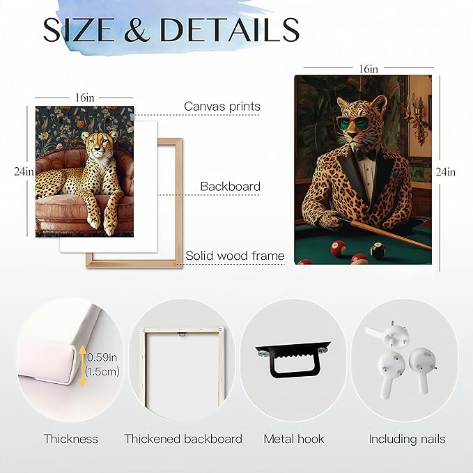 Cheetah Wall Art Set of 3–Cool Animal Canvas Poster Prints with Stylish Leopard in Suit and Lounge DécorSafari Animal Artwork Painting for Living Room,Office,Game Room,Bar, Bachelor Pad,Framed16x24in