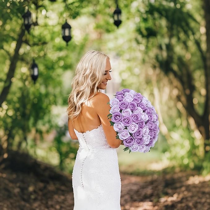 50 PCS Purple Roses Artificial Flowers, Fake Roses with Stem Realistic Silk Roses for DIY Wedding Bouquets Table Centerpieces Arrangements Baby Shower Birthday Home Decor Valentine's Day Gift for Her