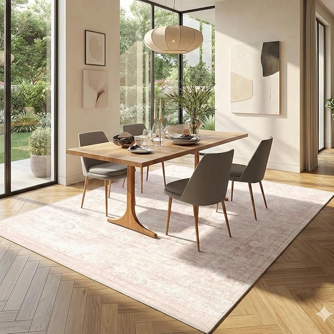 Homemate Washable Rug 5x7 Area Rugs - Vintage Faux Wool Rugs for Living Room Bedroom Dining Room - Non Slip Foldable Carpet Indoor Area Rug for Home Decor（5'x7', Pink