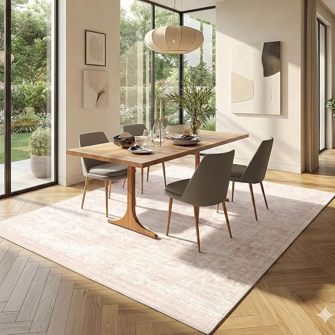 Homemate Washable Rug 6x9 Area Rugs - Vintage Faux Wool Rugs for Living Room Bedroom Dining Room - Non Slip Foldable Carpet Indoor Area Rug for Home Decor（6'x9', Pink