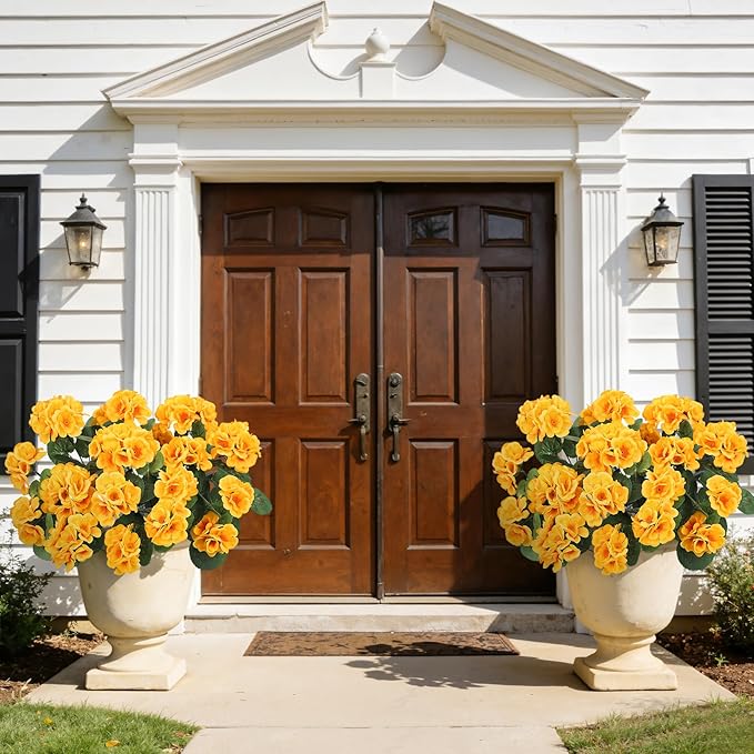 Ouddy Decor Artificial Geranium Flowers for Outdoors, Fake Silk Flowers UV Resistant Faux Geraniums for Vase Planter Garden Patio Balcony Porch Indoor Outdoor Spring Summer Home Decor, 24 Pcs Yellow