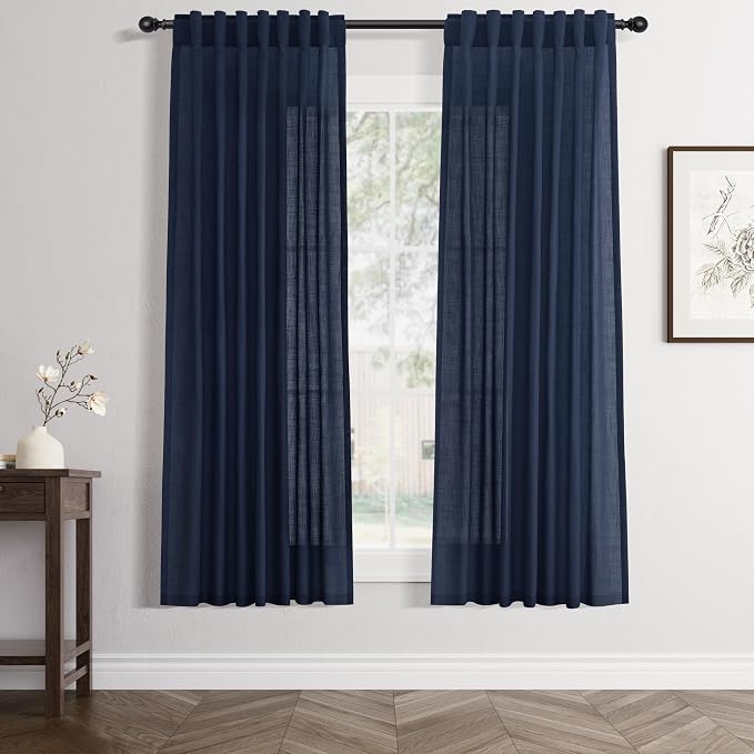 Jowels Navy Linen Curtains 63 Inch Long 2 Panels for Living Room | Navy Blue Light Filtering Semi Sheer Curtain,Back Tab Pocket Pleated Look,Boho Textured Privacy Drapes for Bedroom Window