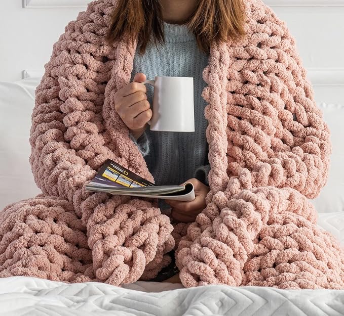 Chunky Knit Blanket Throw - 50"x60" 3.7 lbs.- Soft Chenille Yarn Knitted Blanket -Machine Washable Crochet Blanket - Handmade Cable Knit Throw Blanket for Couch, Bed (Blush Pink) | Soft chenille chunky knit throw blanket in blush pink â€“ handmade cabl...