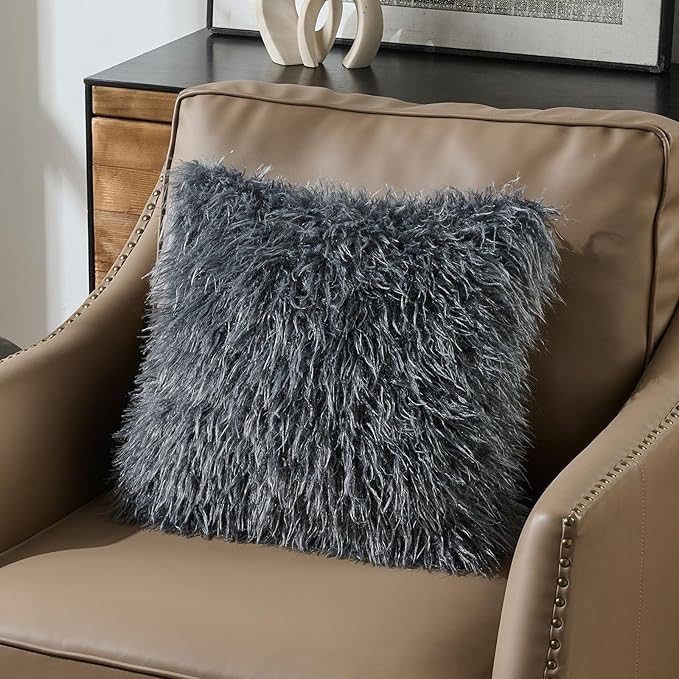 FUTEI Pack of 2 Shaggy Mongolian Faux Wool Throw Pillow Covers 18x18 Inch Soft Decorative Cushion Case for Couch Bed Living Room, Dark Grey