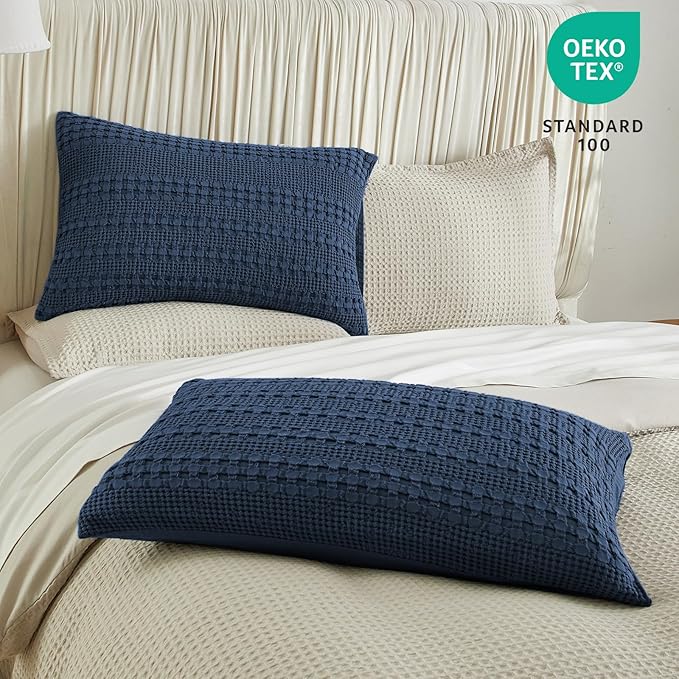 PHF 100% Cotton Waffle Pillow Shams Queen Size, 2 Pack 20" x 30" Soft Skin-Friendly Pillowcases, No Filling, Aesthetic Woven and Breathable Waffle Weave Pillow Case Covers for Bed, Blue Sapphire