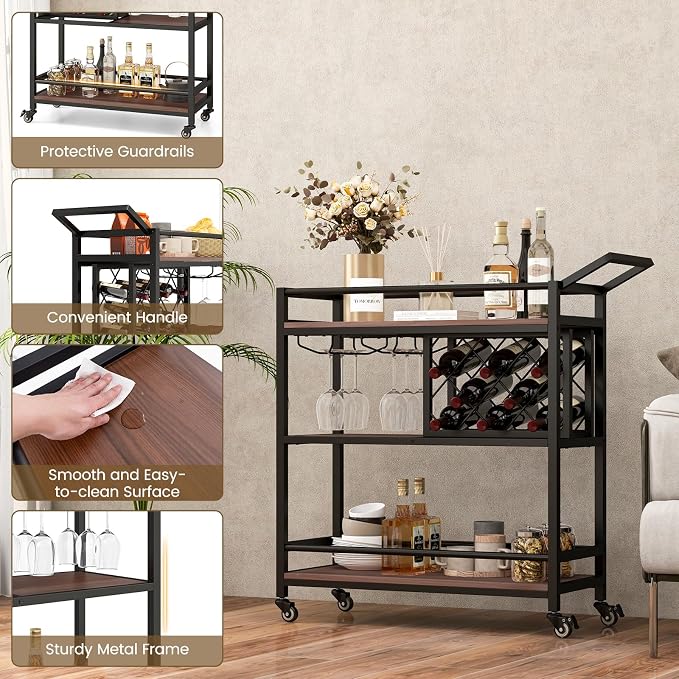 GOFLAME 3-Tier Bar Cart, Industrial Serving Cart with Wine Racks & Glass Holders, Convenient Handle, Rolling Beverage Cart with Metal Frame for Kitchen, Dining Room, Living Room, Brown