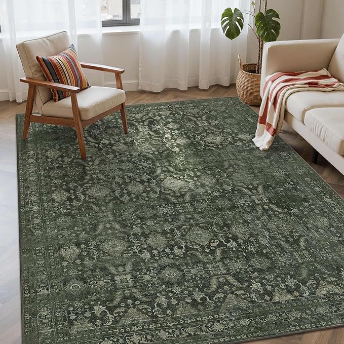 Rugxara 4x6 Rug for Living Room Bedroom, Green Washable Throw Rugs, Vintage Retro Boho Area Rugs, Non Slip & Low Pile Accent Throw Carpet for Indoor Dining Room, Kids Room and Office(Green 4x6ft)
