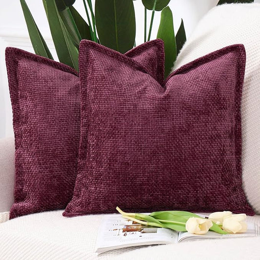 MADIZZ Decorative Chenille Velvet Throw Pillow Covers Set of 2 Soft Boho Textured Neutral Couch Throw Pillow for Bed Modern Farmhouse Home Decor for Sofa Livingroom Burgundy 16x16 Inch