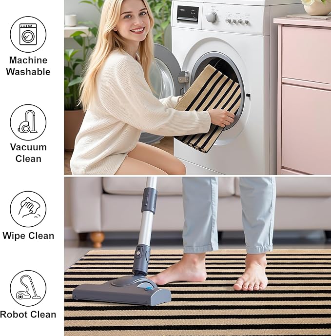 OLANLY Brown and Black Striped Rug 4' x 6' – Washable Cotton Doormat for Indoor Outdoor Use, Layered Front Porch Rug for Entryway, Kitchen, Patio