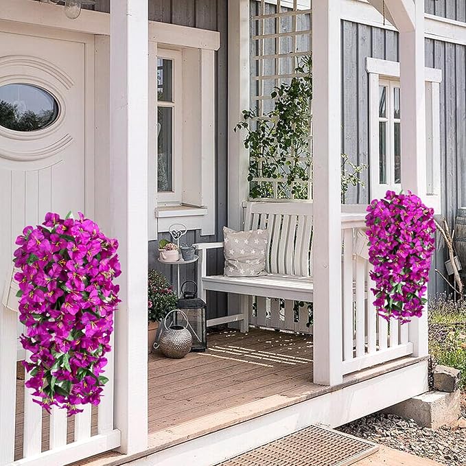 INXUGAO 2 pcs Artificial Faux Bougainvillea Flowers Plants for Outdoor Outside Summer Decoration, Fake Silk UV Resistant Long Trailing Vines for Front Door Porch Planter Balcony (Purple Deep Lotus)