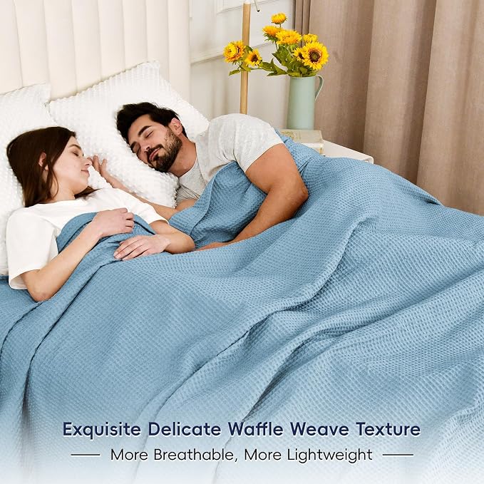 PHF Pre-Washed 100% Cotton Waffle Weave Blanket Twin Size for Bed,Snag Proof Throw Blanket for Couch Spring Summer Lightweight Breathable,Machine Washable, Home Decor Gift - Dusty Blue