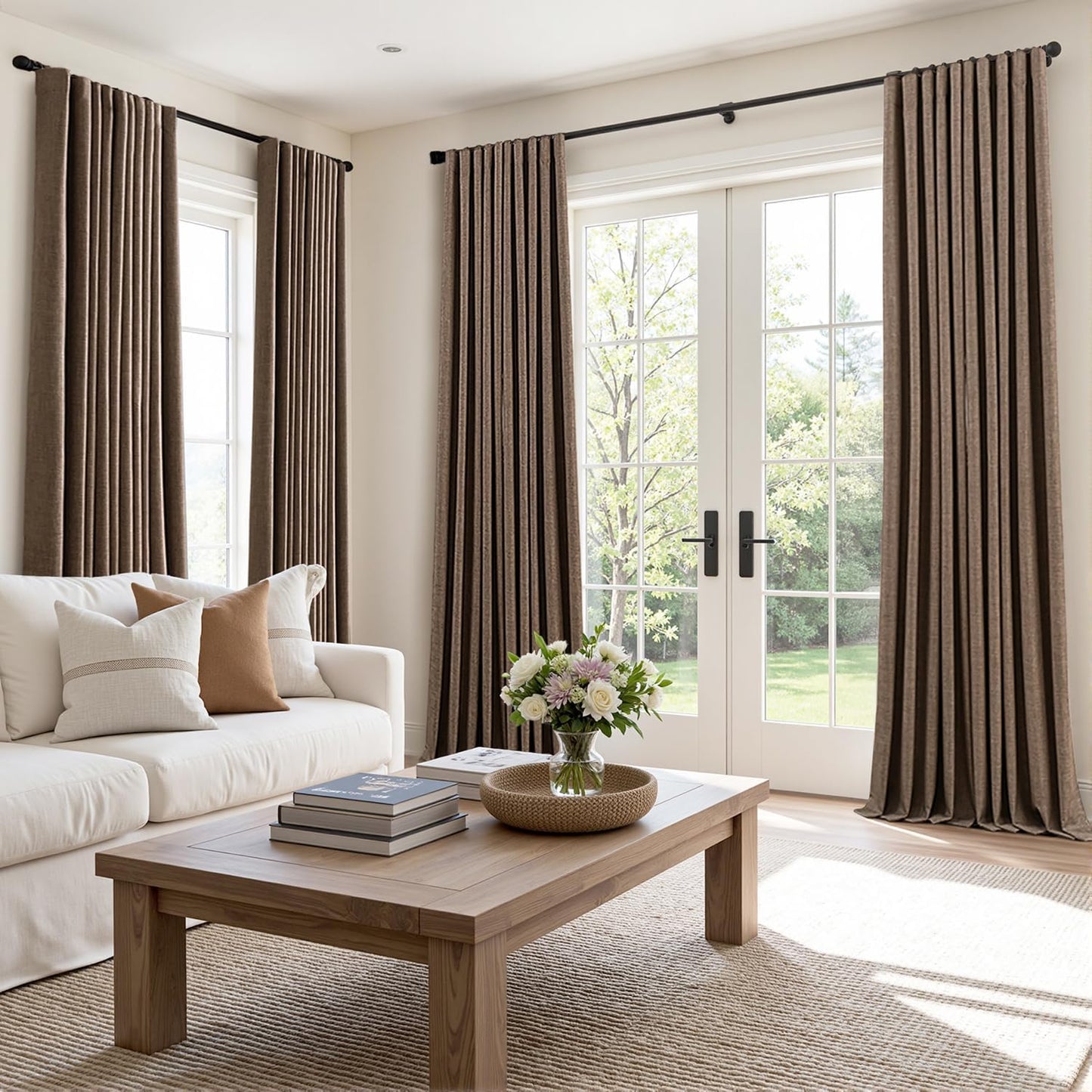 MIULEE 100% Blackout Curtains 90 Inch Long 2 Panels Set for Bedroom, Thick Faux Linen Black Out Curtain Room Darkening Back Tab Pleat Window Textured Drapes with Hooks for Living Room, Dutch Cocoa