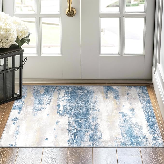 BEIMO 2x3 Rugs for Entryway Entrance Kitchen Bathroom, Machine Washable Modern Abstract Soft Area Rug Door Mat, Indoor Floor Carpet with Non Slip Rubber Backing, Blue Cream
