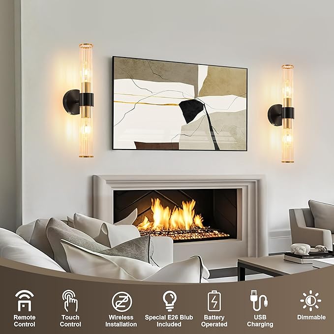 Morauroral Black Gold Battery Operated Wall Sconce, Rechargeable Wall Lights with Remote, 20 Inch Modern Wireless Wall Lamp for Bedroom, Living Room with Clear Glass Shade (Bulbs Included)