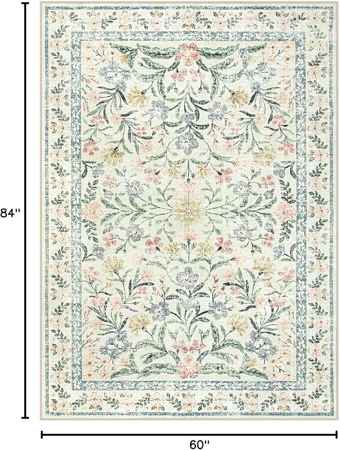 Wonnitar Boho Floral Washable Rugs 5x7, Soft Area Rugs for Bedroom, Ultra-Thin Non Slip Beige Area Carpets, Flower Print Decor Carpet for Living Room Nursery Dining Room Office