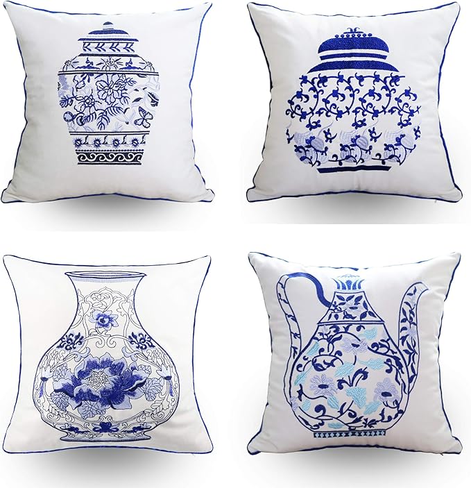 Embroidery Throw Pillow Covers 18x18 Home Décor Floor Pillows Cover for Couch 100% Cotton Cushion Cover 45x45cm Decorative Pillowcase, Chinese Blue and White Porcelain Bottles, 4 Pieces