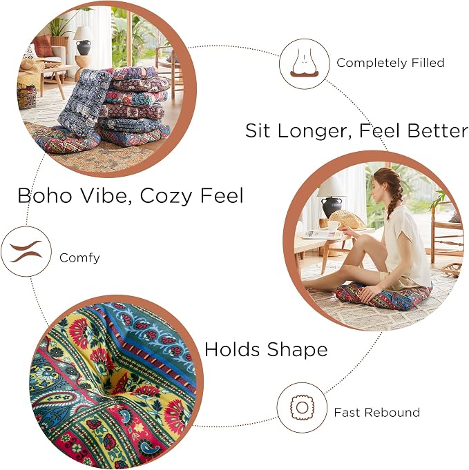Codi Meditation Pillow, Large Pillows Sitting for Adults and Teens, Boho Cushions for Yoga Living Room Tatami Sitting Home Decor, Memory Foam Added, 22x22 Inch, Multi Blaidiere