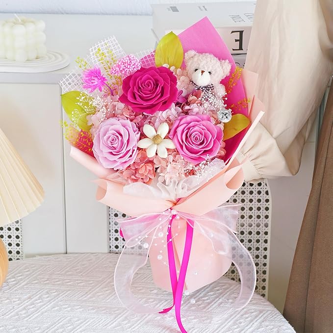 Flowers for Delivery, Preserved Flowers Bouquet, Pink Rose Bear Forever Flower Bouquet with Gift Box, Mothers Day Gifts for Mom, Birthday & Valentines Day Gifts for Women, Wife, Her, Grandma