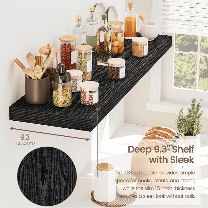 Vivelove 32 Inch Floating Shelves, Deep Wall Shelves with Invisible Brackets, Display Shlf for Bathroom Living Room Kitchen Bedroom Office Farmhouse Home Decor, 32" X 9.3" X 1.5" - Set of 2, Black