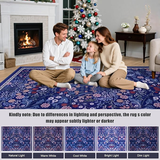 Area Rug Living Room Rugs: Floral 5x7 Washable Rug Vintage Soft Boho Non-Slip Carpet Indoor Floor Stain Resistant Large Carpets for Bedroom Dining Room Farmhouse Nursery Hallway Home Office Blue
